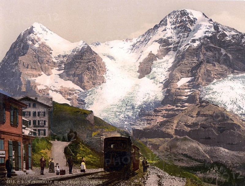 Wengern Alp Station, Eiger und Mönch, Bernese Oberland, Switzerland, Historic, digitally restored reproduction from a 19th century original, Record date not stated, Eiger and Monch, Bernese Oberland, Switzerland, Historic, digitally restored reproduction from a 19th century original, Record date not stated