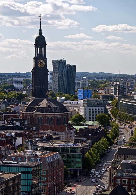 City view from above with the main church St Michaelis, called Michel, and the Dancing Towers, Hamburg, Germany
