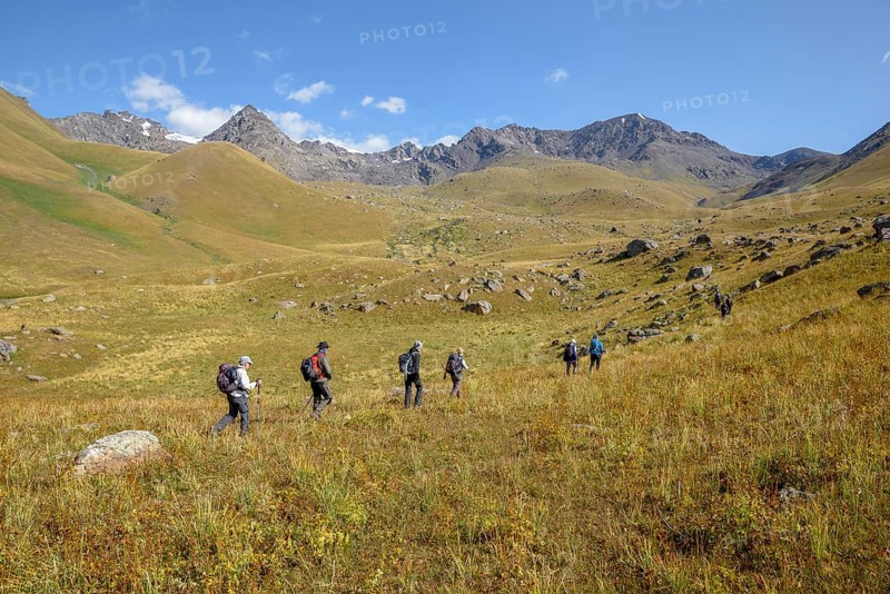 Hikers in the West Karakol Valley, Tien Shan Mountains, Naryn region, Kyrgyzstan
