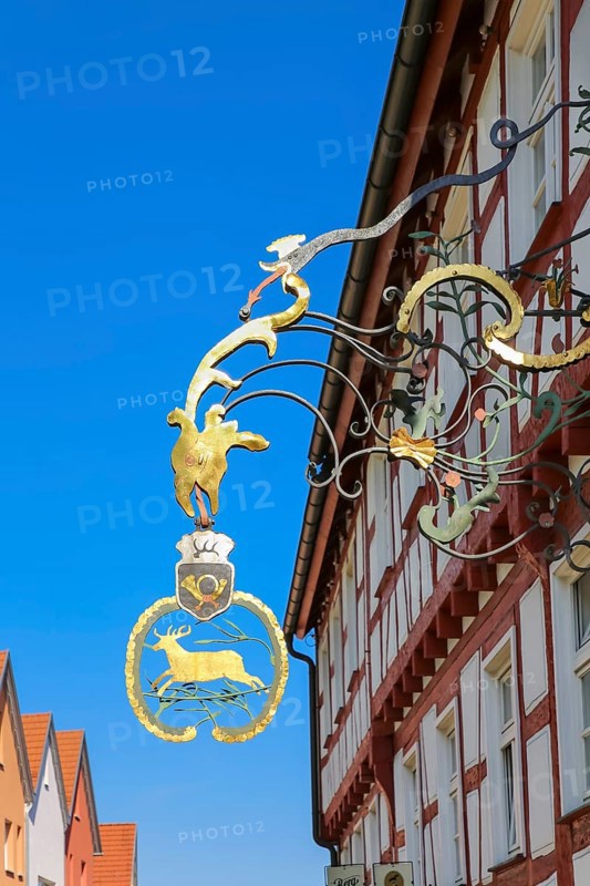 Inn sign, Alte Post restaurant, restaurant, building, window, half-timbered, historic building, architecture, Münsingen, Swabian Alb, Baden-Württemberg, Germany