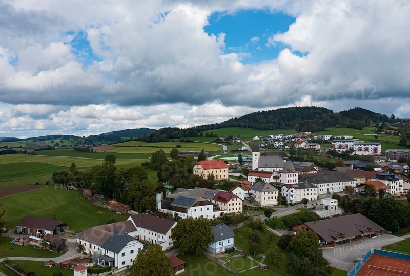 Drone image, view of the village with parish church, Grünbach near Freistadt, Mühlviertel, Upper Austria, Austria