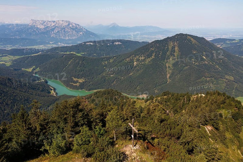 Drone image, summit cross on the Ochsenberg with Untersberg and Wiestal reservoir, Osterhorn group, Salzkammergut, Salzburg province, Austria