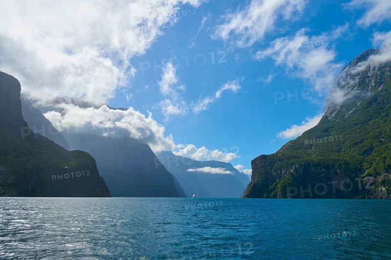 Majestic fjord with dominant mountains and few clouds under a blue sky, summer, Milford Sound, Te Anau, Fiordland National Park, South Island, New Zealand