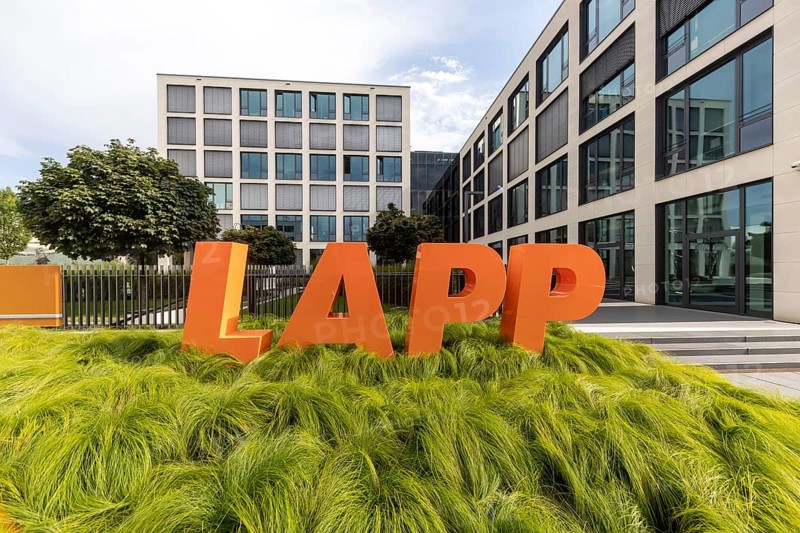 Company headquarters of LAPP Kabel, logo in front of the company headquarters, connection technology, Stuttgart, Baden-Württemberg, Germany