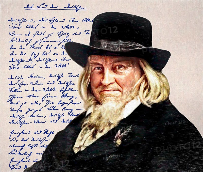 August Heinrich Hoffmann, Hoffmann von Fallersleben, 1798 –1874, German poet, digital edited according to a painting by Ernst Henseler, his own manuscript oft he German national anthem