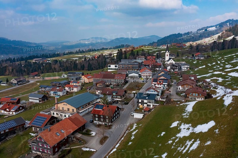 Drone image, residential buildings, settlement area, parish church, Riefensberg, Bregenzerwald, Vorarlberg, Austria