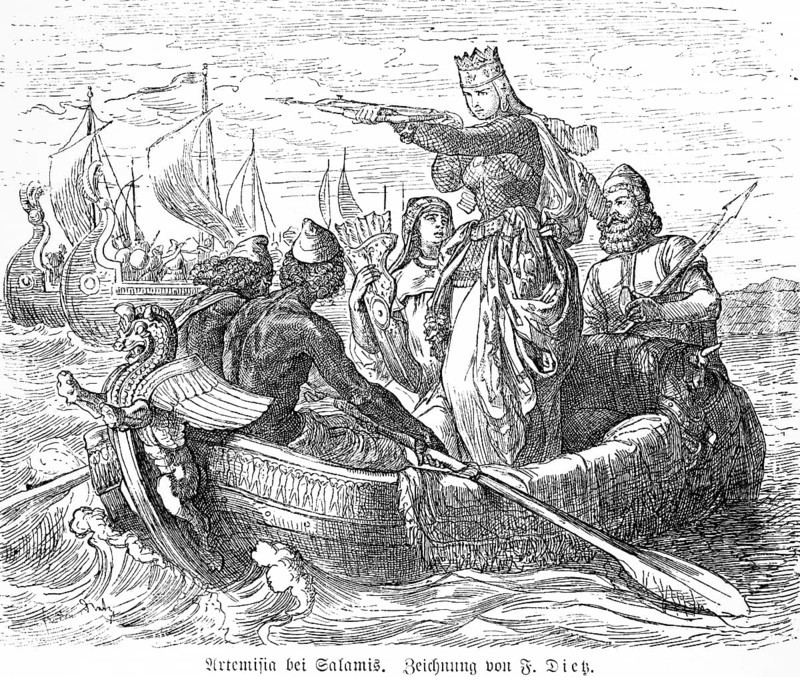 Queen Artemisia in the naval battle of Salamis, ancient Greece, heroine, Persians, Greeks, warships, sailing ships, sea, boat, crossbow, shooting, Kingdom of Caria, royal crown, important woman, history, historical illustration 1894