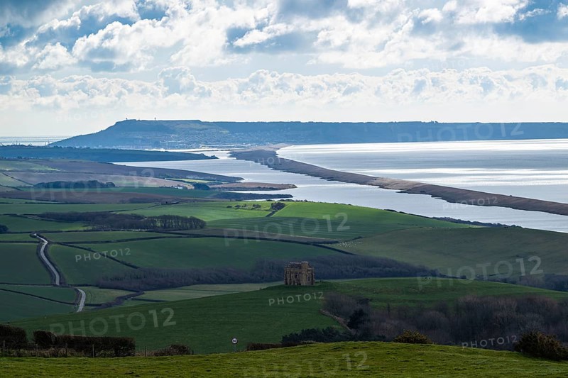View of St. Catherine's Chapel and Swyre and West Bexington beach from a drone, Abbotsbury, Weymouth, Dorset, England, United Kingdom