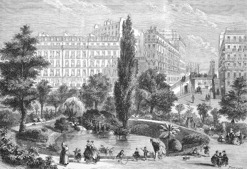 The Square Montholon and the Pont de la rue Vellefond in Paris, 1869, France, Historic, digitally restored reproduction of a 19th century original, exact original date unknown