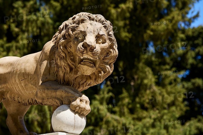 Detailed view of a lion statue with forest in the background, Rodini Park, City Park, Rhodes Town, Rhodes, Dodecanese, Greek Islands, Greece