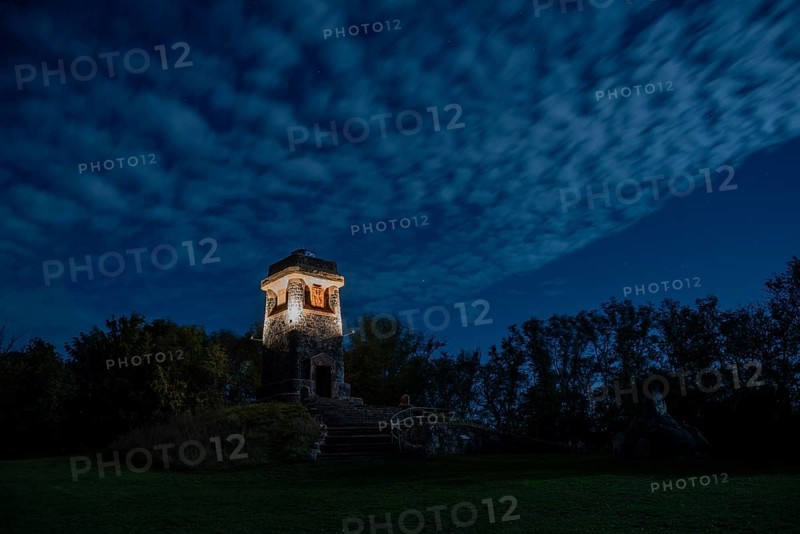 Illuminated Bismarck Tower, Großer Wartberg, cloudy sky, Niederndodeleben, Hohe Börde, Saxony-Anhalt, Germany