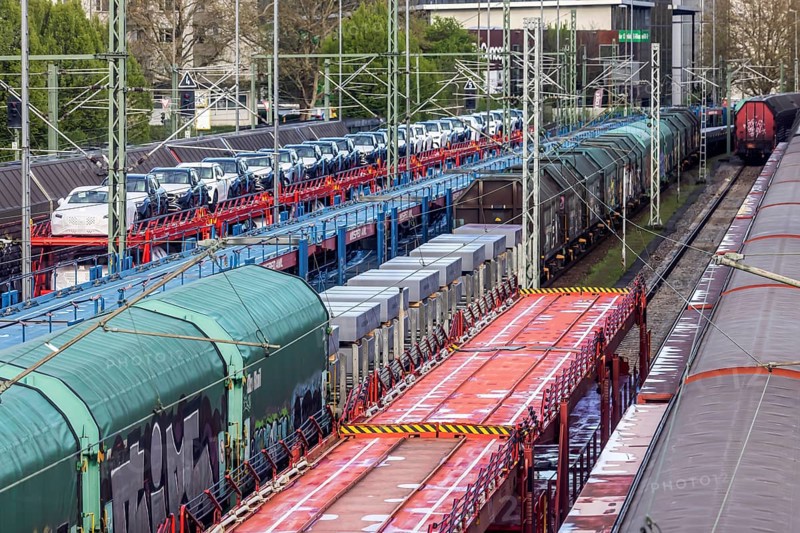 Sindelfingen railway station. Goods trains parked on the tracks. Automotive RailNet. Car transport by train, new Mercedes cars. Baden-Württemberg, Germany