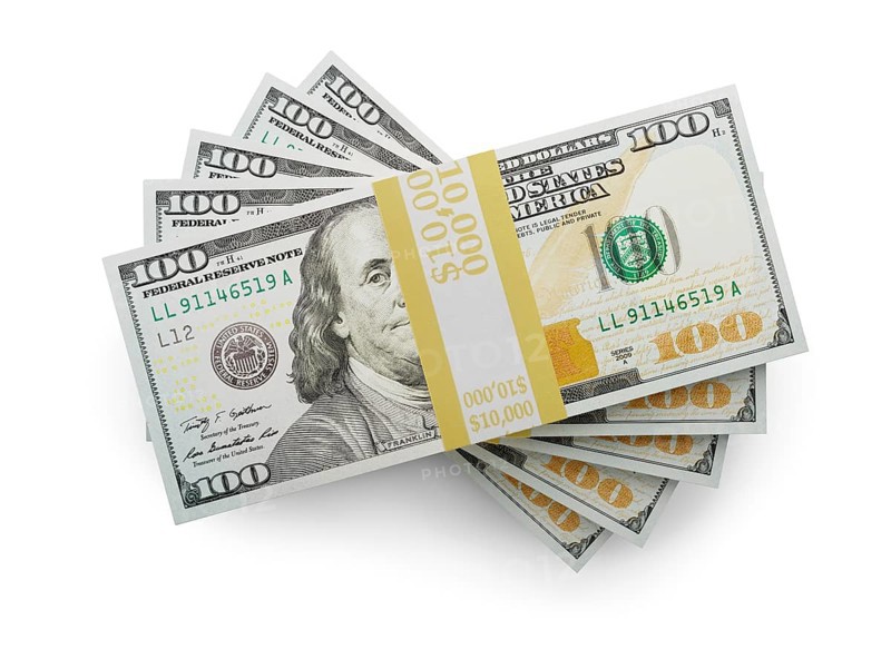 Fifty thousand dollars stack of one hundred dollar bills isolated on a white background