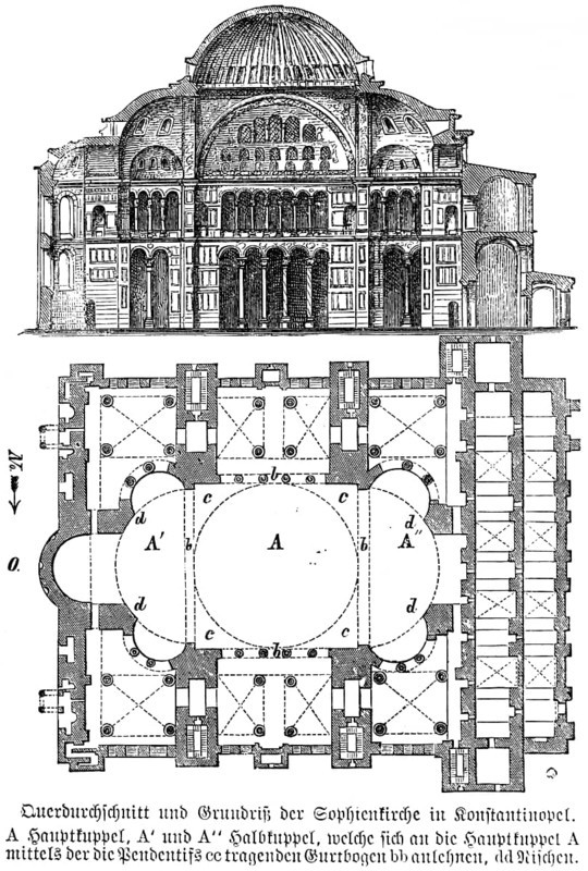 Qur'an section and floor plan of St Sophia's Church in Constantinople, Hagia Sophia in Istanbul, Turkey, historical illustration 1880