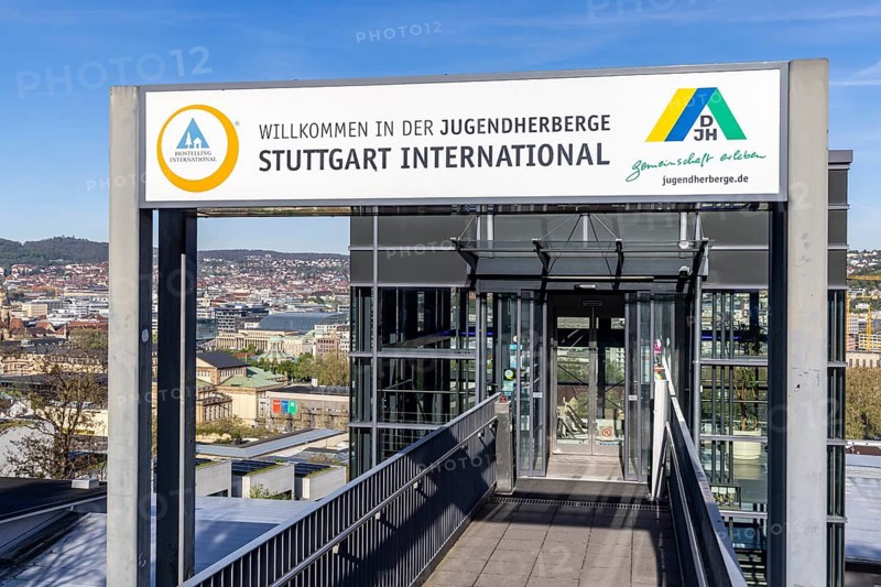 Youth hostel with DJH logo. Entrance area with a view of the state capital Stuttgart, Baden-Württemberg, Germany