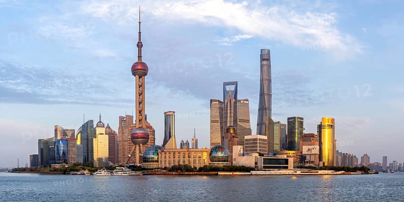 Shanghai skyline at the Bund with Oriental Pearl Tower city centre Downtown Pudong Panorama in Shanghai, China