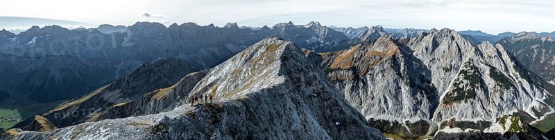 Hikers on the Gamsjoch, aerial view, Alpine panorama of the Gamsjoch group, Eng valley, Karvendel, Tyrol, Austria