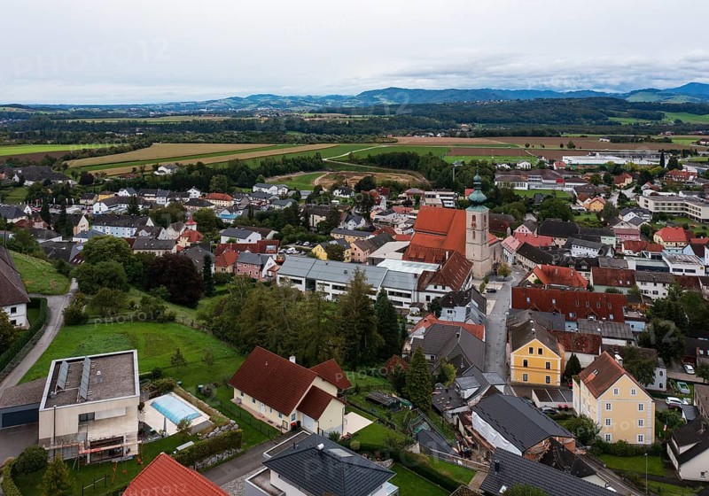 Drone image, view of village with parish church, Sierning, Traunviertel, Upper Austria, Austria