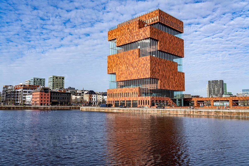 The MAS, Museum aan de Stroom, Museum am Strom, Bonapartdok, harbour basin, old harbour district, Het Eilandje of Antwerp, formerly disreputable, dingy district, now modern, hip district, with lots of culture, living space, leisure, gastronomy, trendy district, Flanders, Belgium