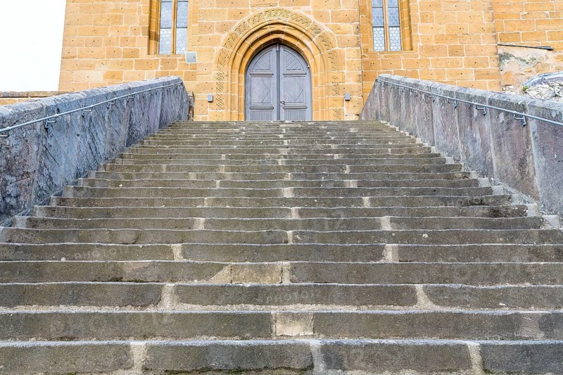 Long and wide staircase to the Gügelkirche St. Pankratius on the Gügel near Scheßlitz, Upper Franconia, Bavaria, Germany