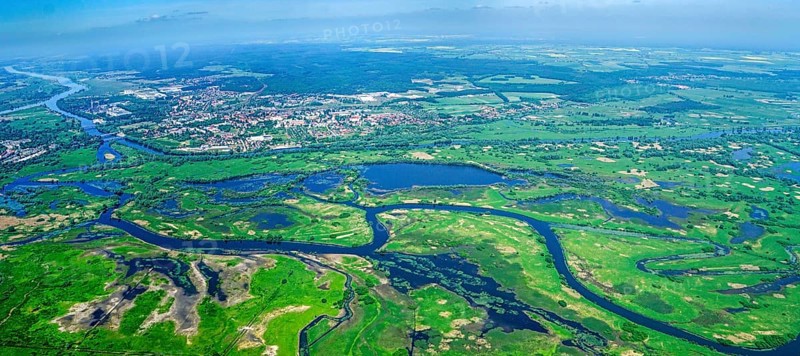 Poland, Europe, Lubuskie, Warta, Warta, Oder, nature reserve, Küstrin, river, aerial view, estuary, Warta Estuary National Park, Park Narodowy Ujscie Warty, Kostrzyn nad Odra, the Warta, panorama