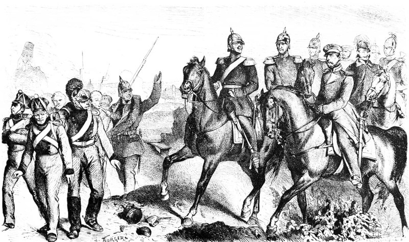 General von Wrangel on horseback in the town of Schleswig, horsemen, soldiers, weapons, rifles, sword, pickelhauben, uniform, epaulettes, Gottorf Castle, Prussia, historical illustration 1884