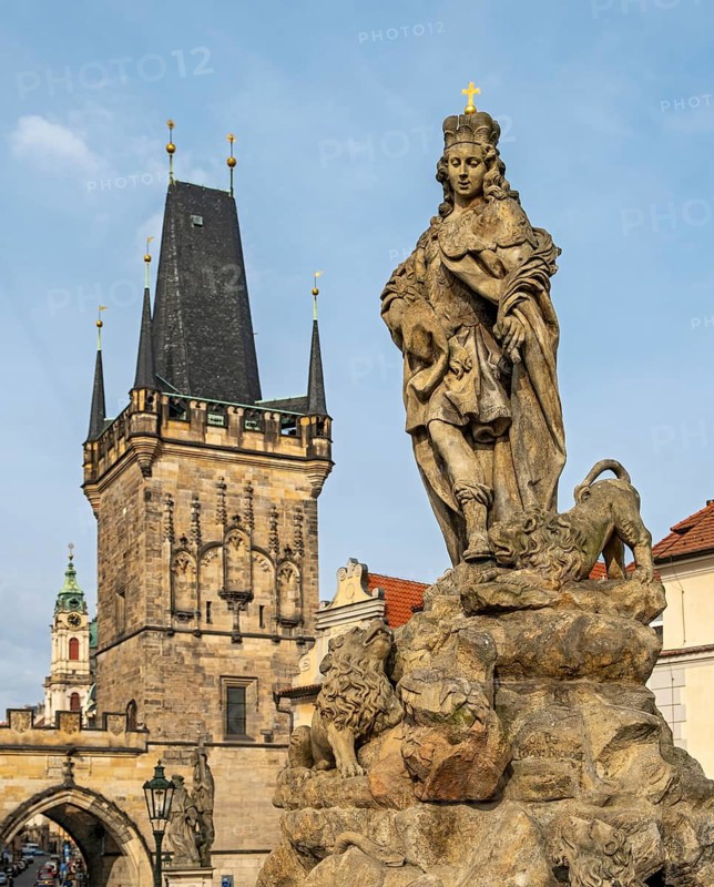 Statue of Vitus with Malá Strana Bridge Tower, Charles Bridge, Prague - Praha, Czech Republic