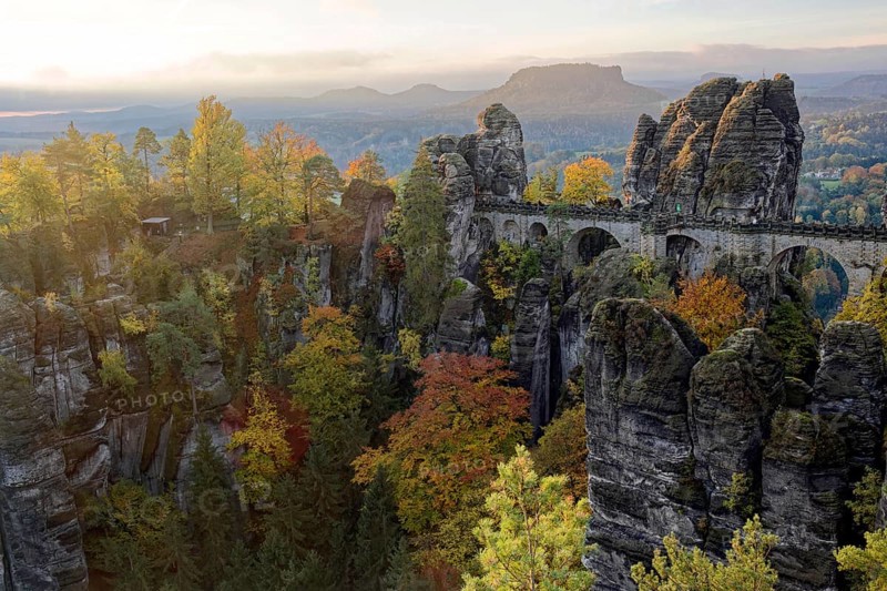 View from the Ferdinandstein to the Bastei Bridge and the rock castle Neurathen, Bastei, Lohmen, Saxon Switzerland, Elbe Sandstone Mountains, Saxony, Germany