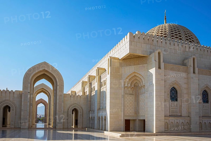 Arched gates and large hall with dome of the Sultan Qaboos Mosque, Muscat, Arabian Peninsula, Sultanate of Oman