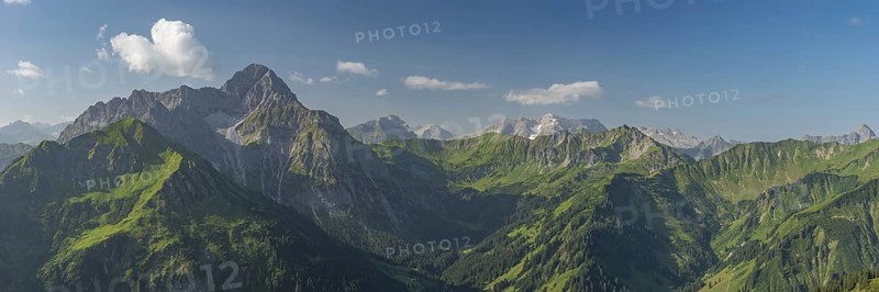 Panorama from Walmendinger Horn, 1990m, to Großer Widderstein, 2533m, and into Kleinwalsertal, Allgäu Alps, Vorarlberg, Austria