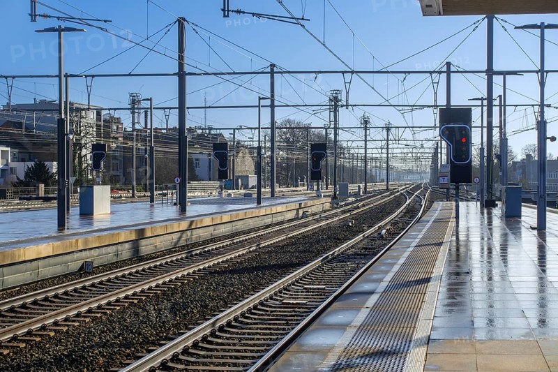 Empty train platform in the Gent-Sint-Pieters railway station in Ghent during NMBS-SNCB public transportation strike, East Flanders, Belgium