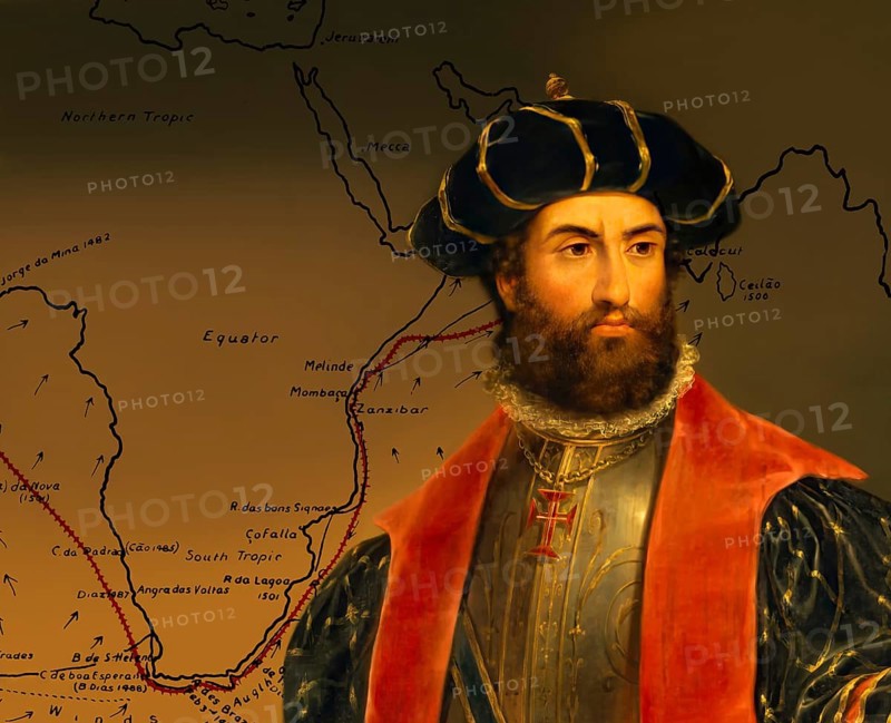 Map of the first voyage and portrait of Vasco da Gama, c. 1460s – 1524, Portuguese explorer, digitally edited according to a painting by António Manuel da Fonseca