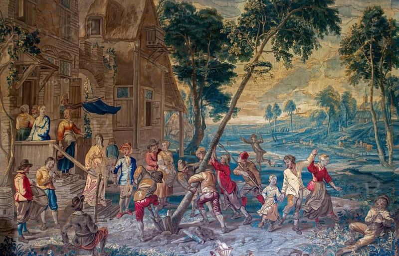 17th century Brussels tapestry May Tree Plantation in the Epinoy Room at Château de Bel?il, castle in Beloeil, province of Hainaut, Wallonia, Belgium