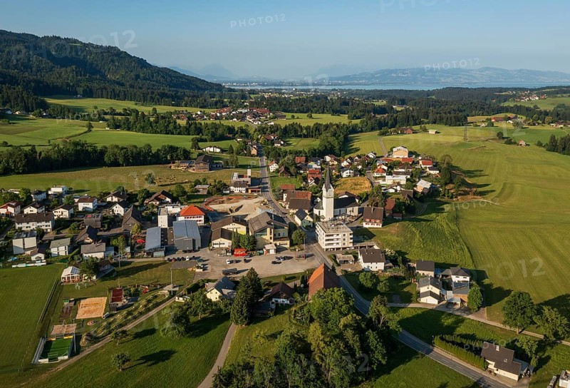 Drone image, view of village with parish church, Hohenweiler, Vorarlberg, Austria
