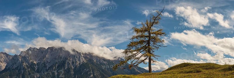Panorama from Hoher Kranzberg, 1397m onto the cloudy Karwendel Mountains, Werdenfelser Land, Upper Bavaria, Bavaria, Germany