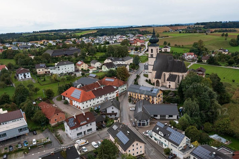 Drone shot, view of village with church, Eberstalzell, Traunviertel, Upper Austria, Austria