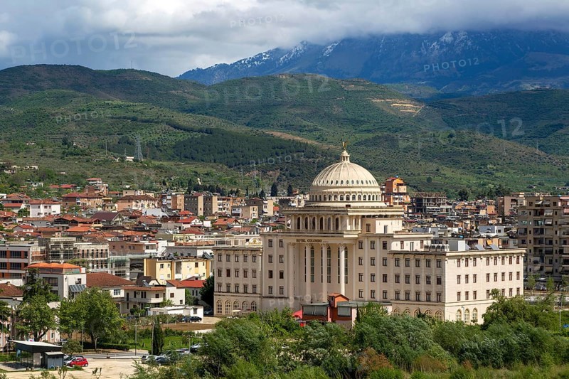 Neo-classical architecture of Hotel Colombo in city centre of Berat, Albania