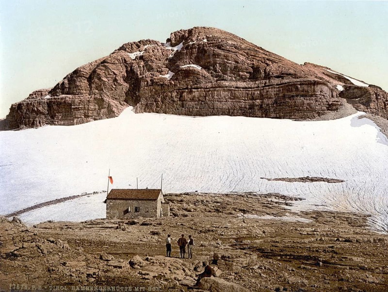 The Bamberg Hut, Mount Boe, Boe Hut, refuge in the Sella Group in the Dolomites, formerly Austria-Hungary, today South Tyrol, Italy, Historical, digitally restored reproduction from a 19th century original, Record date not stated