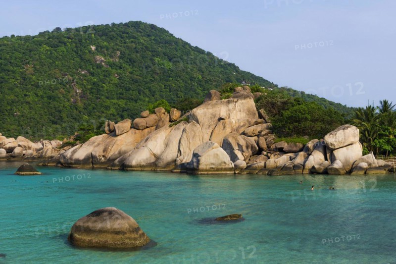 Bathing bay with turquoise water and granite rocks on the holiday island Nang Yuan Island, island, tropical, tropics, holiday paradise, landscape, bathing holiday, bathing beach, dream holiday, exotic, coastal landscape, Asian, natural landscape, rock, natural paradise, beautiful, natural, paradise, seascape, summer, beautiful weather, climate, nature, coastline, ocean, sea, water, turquoise, beach holiday, panorama, snorkelling, paradisiacal, overview, beach, bay, Koh Tao, Thailand