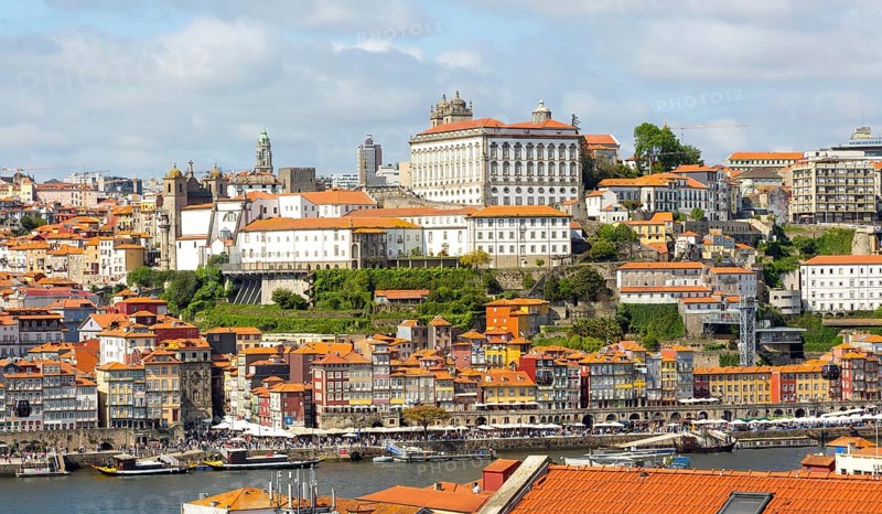 River Douro riverside, historic buildings in Ribeira area, city of Porto, Portugal, Europe view over rooftops from Vila Nova de Gaia