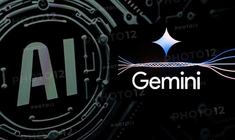 Guwahati, India. 8 December 2023. In this photo illustration a Gemini logo is displayed on a smartphone with Artificial Intelligence symbol in the background