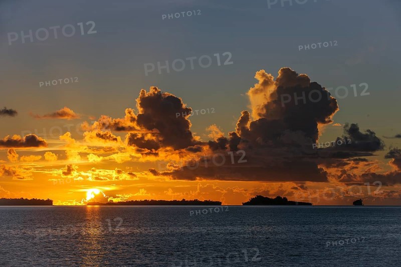 Sunset over islands of Palau, Republic of Palau, Bismarck Archipelago, Micronesia, Australia, Oceania