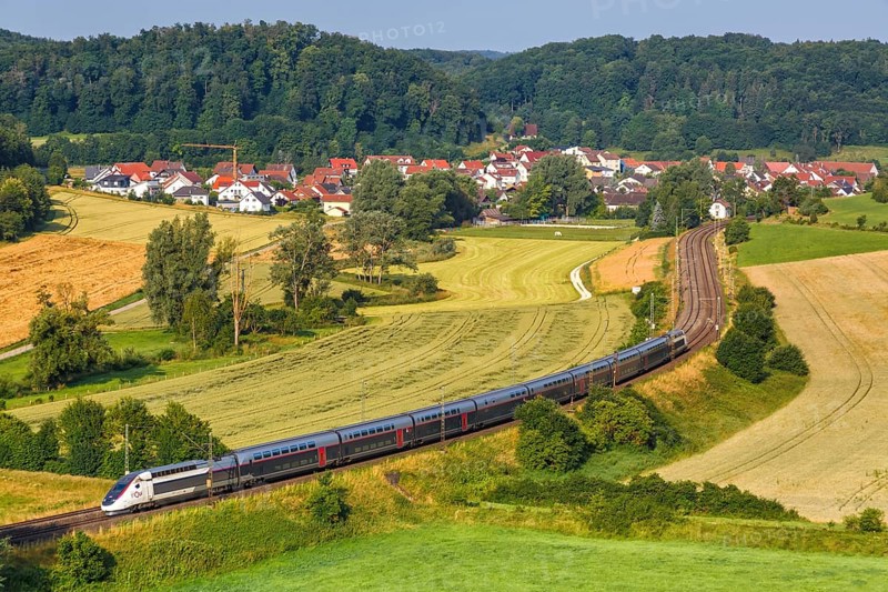 TGV Duplex high-speed train on the Filstal railway in Lonsee, Germany