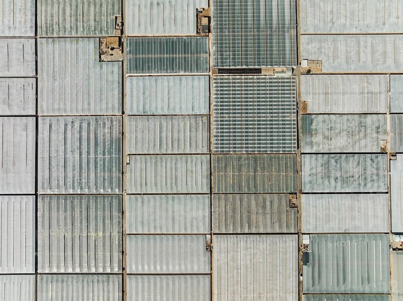Masses of shimmering plastic greenhouses near El Ejido, aerial view, drone shot, Almería province, Andalusia, Spain