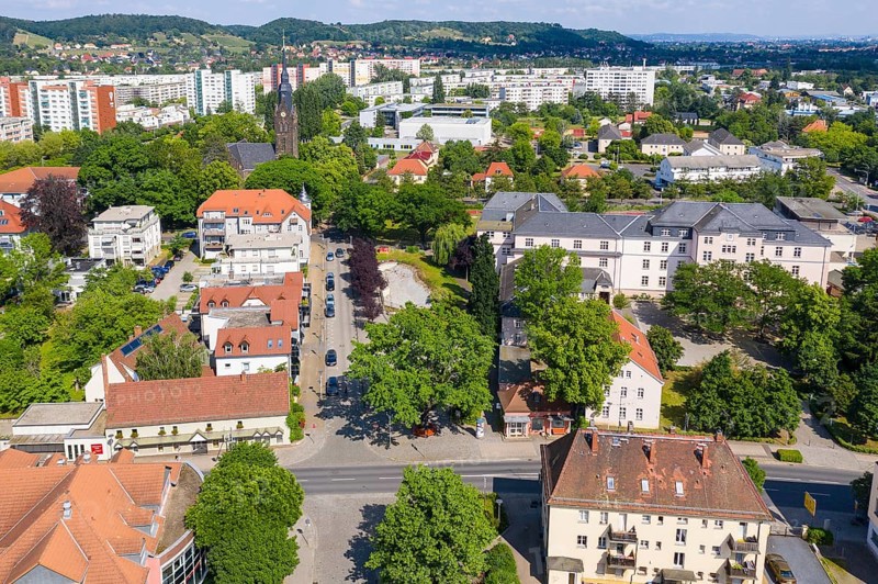 Aerial view of Wettinplatz and the New Church, in the background the new development area Dresdner Straße, Coswig, Saxony, Germany