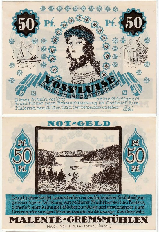 Banknote, emergency money, Malente-Gremsmühlen, 50 Pfennig, 1920, Germany, reproduction of a historical banknote