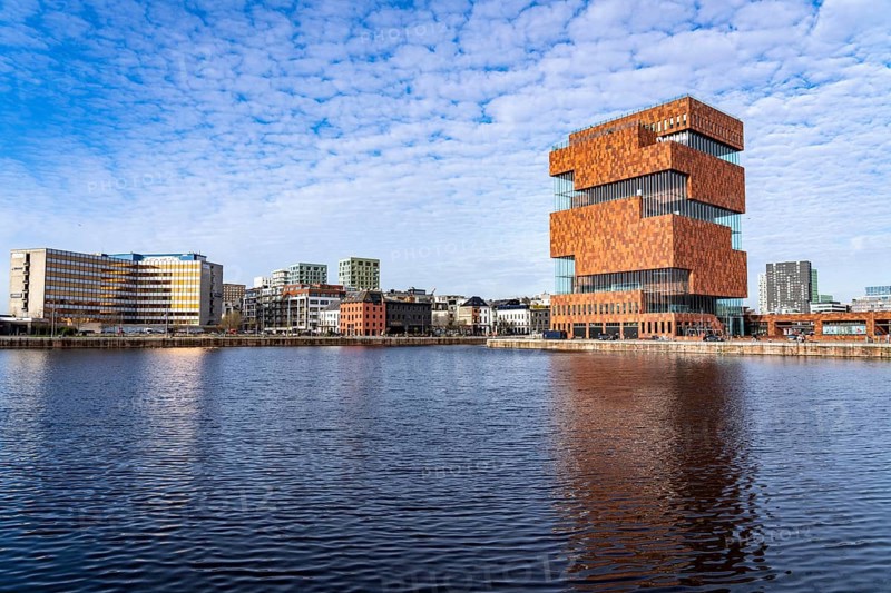 The MAS, Museum aan de Stroom, Museum am Strom, Bonapartdok, harbour basin, old harbour district, Het Eilandje of Antwerp, formerly disreputable, dingy district, now modern, hip district, with lots of culture, living space, leisure, gastronomy, trendy district, Flanders, Belgium