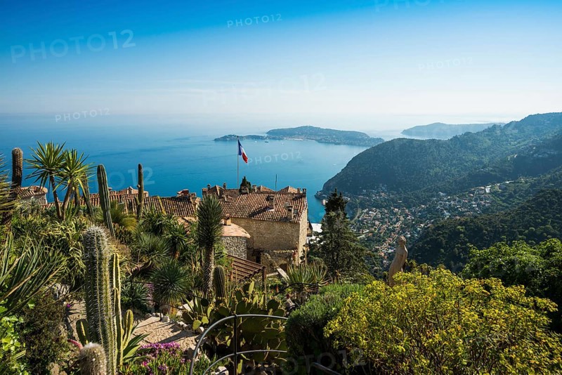 Picturesque mountain village overlooking the sea, Jardin Exotique, Èze, Cote d'Azur, Alpes-Maritimes, Provence-Alpes-Cote-d'Azur, South of France, France