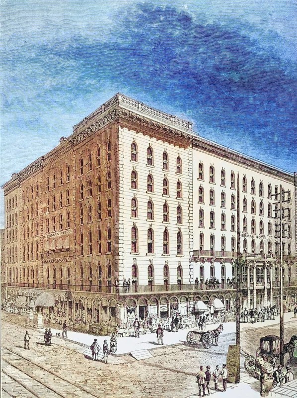 The Sherman Hotel, Chicago, Illinois in the 1870s. From American Pictures Drawn With Pen And Pencil by Rev Samuel Manning c. 1880, United States, America, Historic, digitally restored reproduction from a 19th century original, Record date not stated