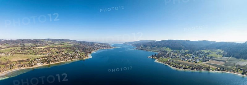 Aerial view, panorama of Lake Constance, Untersee, also known as Lake Rhine, which flows into the Rhine at Stein am Rhein, on the left the German peninsula Höri, on the right the Thurgau lake ridge, on the horizon the island of Reichenau, district of Constance, Baden-Württemberg, Germany